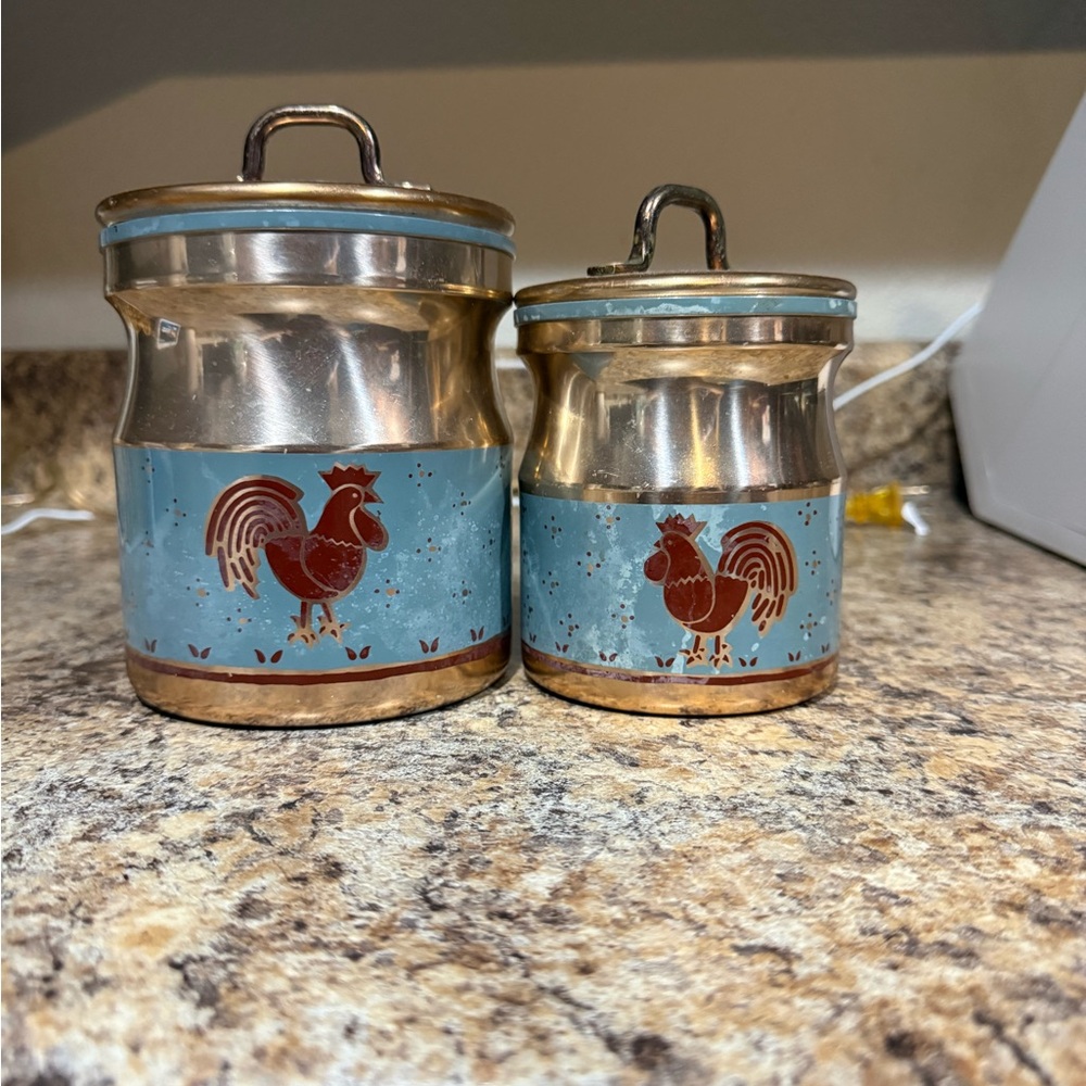 Vintage Rooster Kitchen Canister Set - Blue and Silver